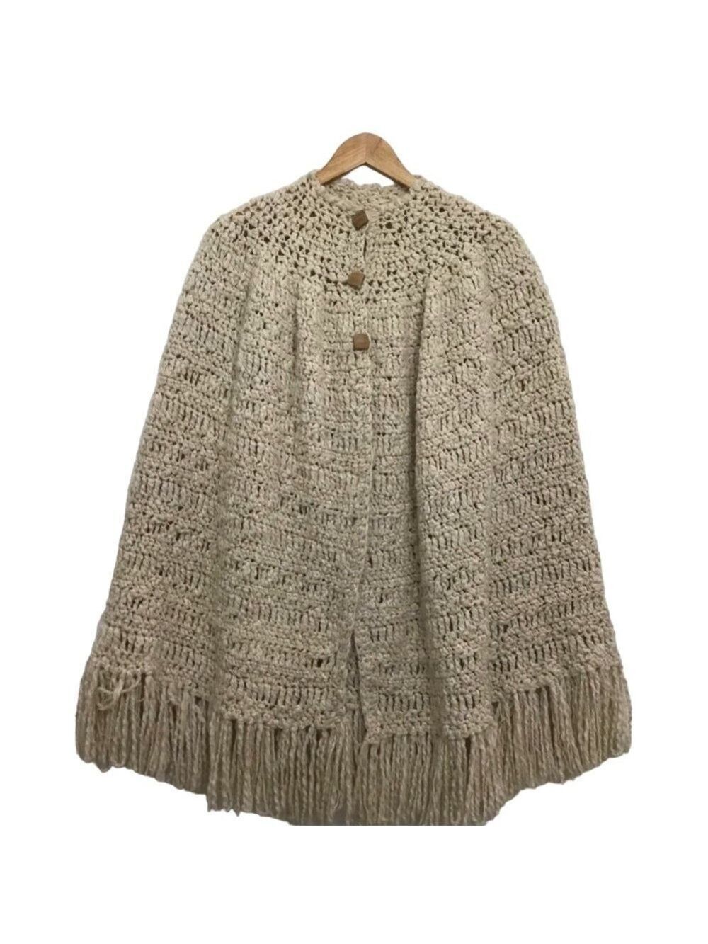 VINTAGE Ruanda crochet handcrafted knit poncho fringe bohemian beige cloak neutr